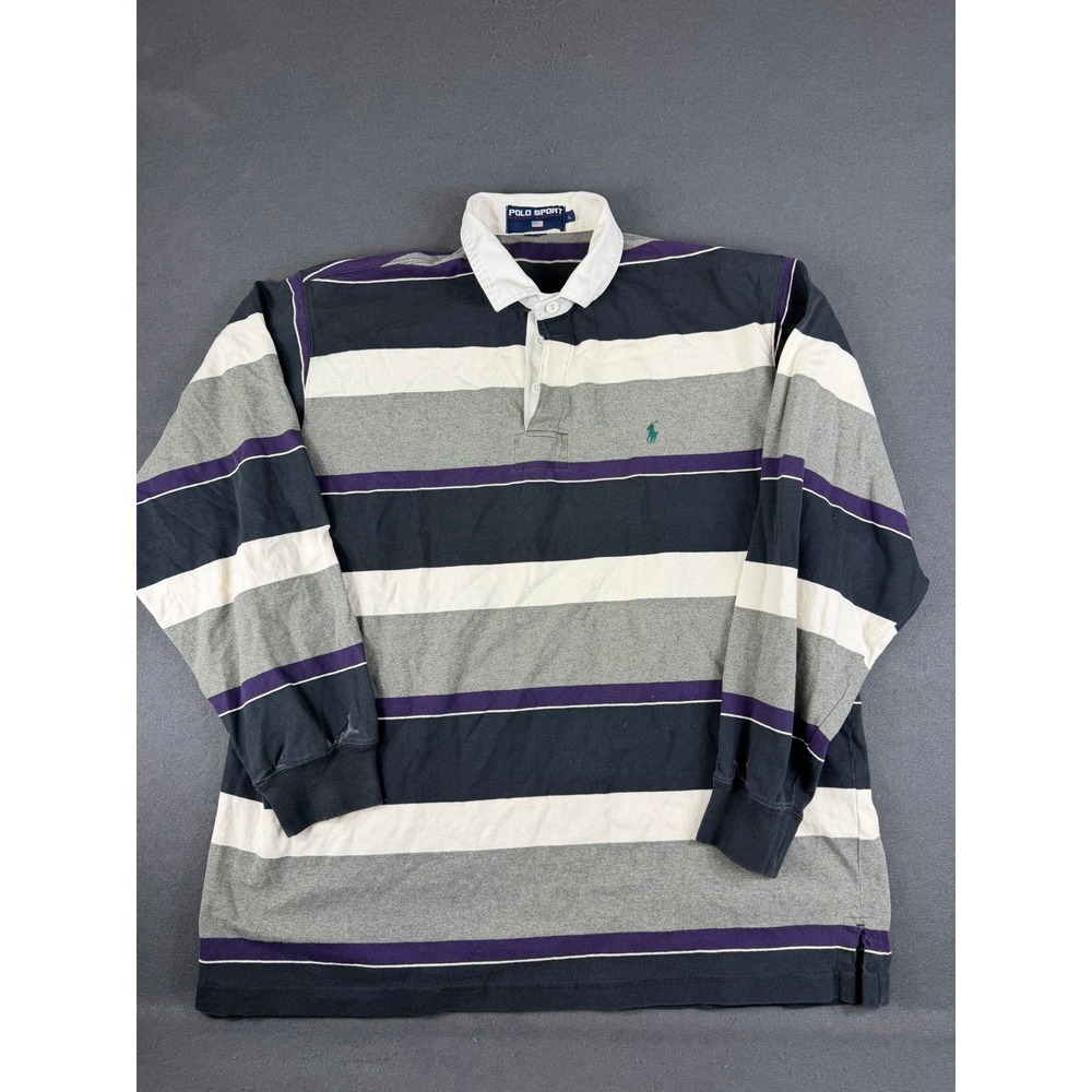 Vintage Polo Sport Ralph Lauren Mens Multicolor Rugby Shirt Long Sleeve Logo L